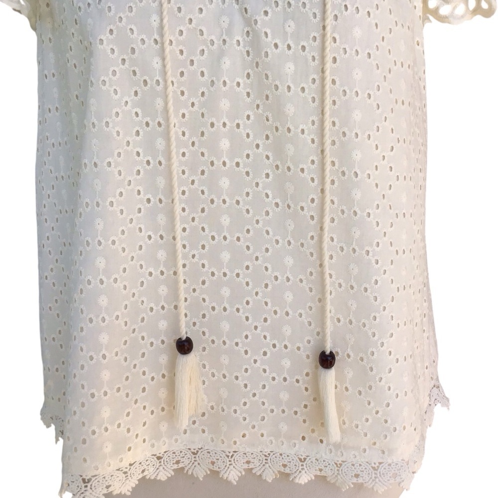 Jennifer & Grace Eyelet Crochet Trim Ruffle Sleeve Blouse in Cream - Picture 7 of 10
